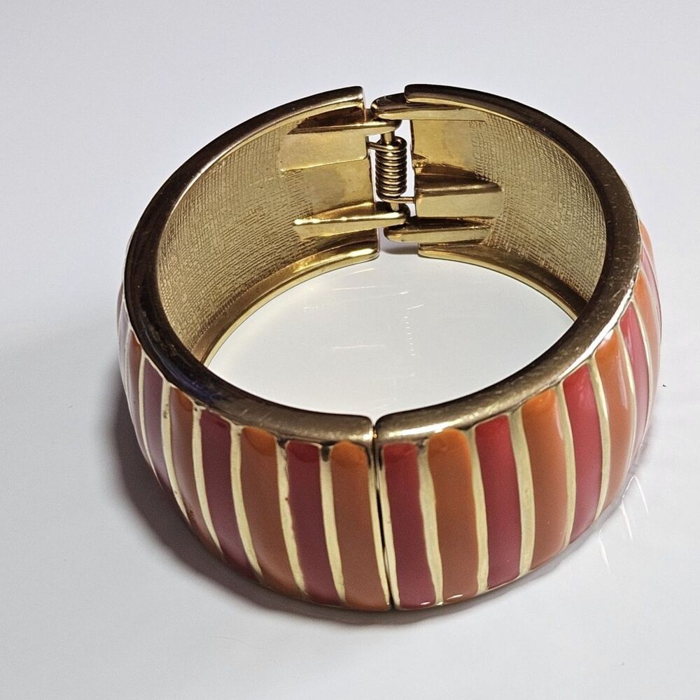 Banana Republic Orange Enamel And Gold Tone Hinged  Bangle Bracelet 6.5" - Picture 9 of 12